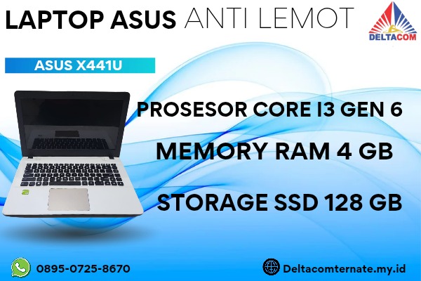 ASUS X441U , TYPE BARU BODY SLIM, PROSESOR INTEL CORE I3 GEN 6 RAM 4 GB STORAGE SSD 128 GB DISPLAY 14 INCH MULUS, WARNAH PUTIH, LECET SDIKIT,